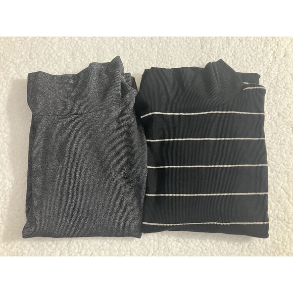 SERRA 2 Pack Ladies Ribbed Mock Neck Sweaters L Grey & Black Striped Shimmer - Picture 1 of 10